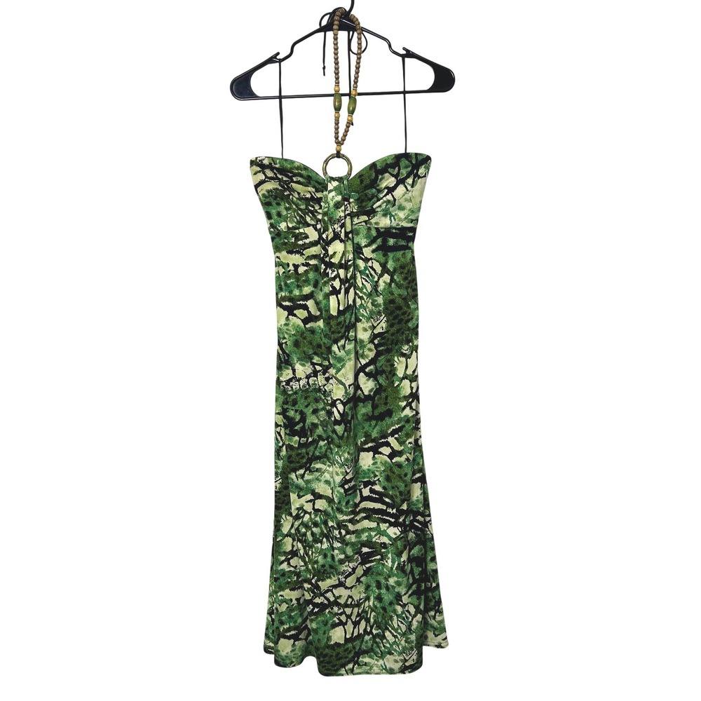 R&M Richards Beaded Halter Dress Women 10 Green Abstract Animal Print Y2K Jungle